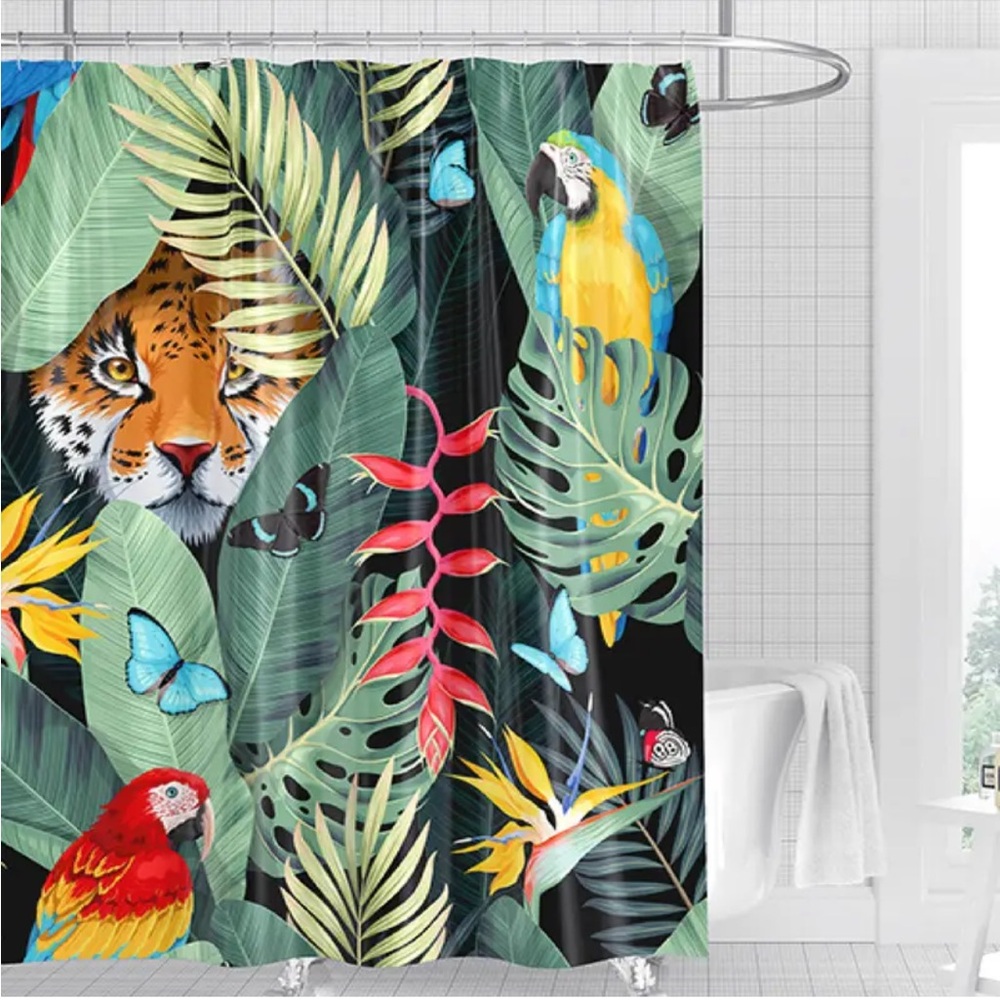 Tropical Jungle Novelty Shower Curtain with Leopard Parrot & Butterflies